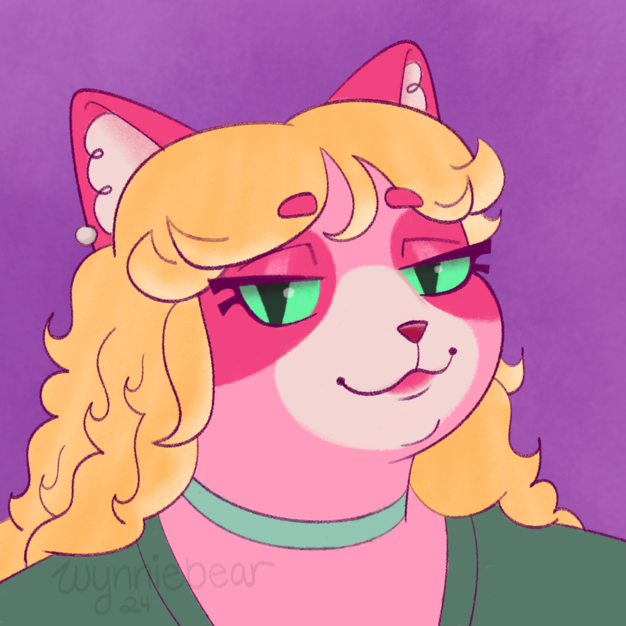 Digital drawing of a pink cat with red eye and ear stripes, green eyes and a smug smile